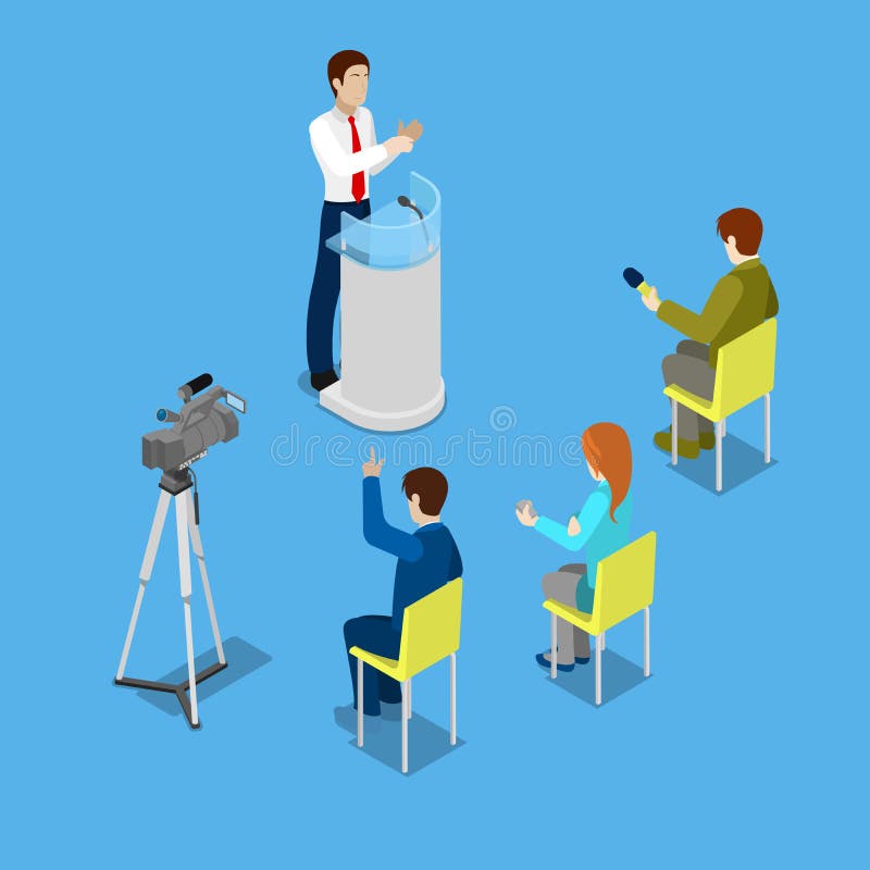 Isometric Mass Media Concept with Reporters and Conference Room