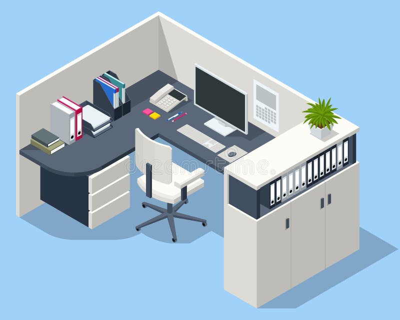 Isometric massive computer table with desktop and chair, office interior. Modern cozy loft office interior. royalty free illustration