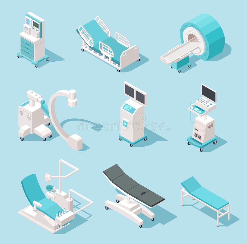 Isometric medical equipment. Hospital diagnostic tools. Health care technology 3d machines vector set