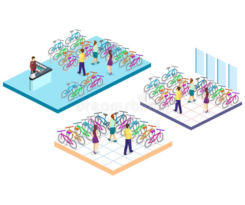 Isometric mieszkania cutaway 3D odizolowywający wnętrze bicyklu sklep ilustracja wektor