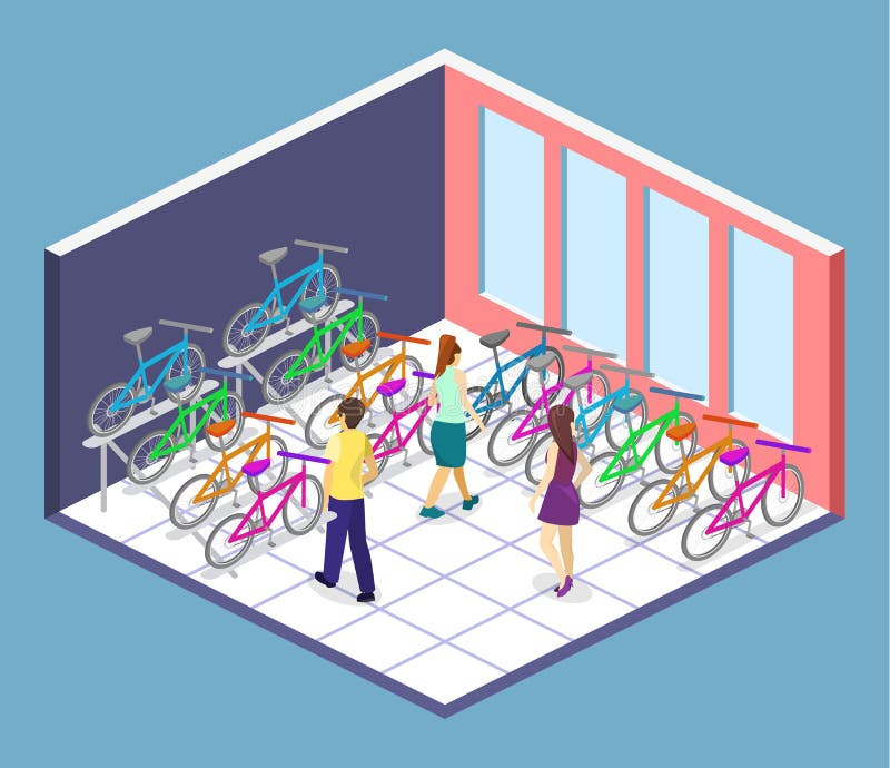 Isometric mieszkania 3D pojęcia wnętrze bicyklu sklep ilustracja wektor