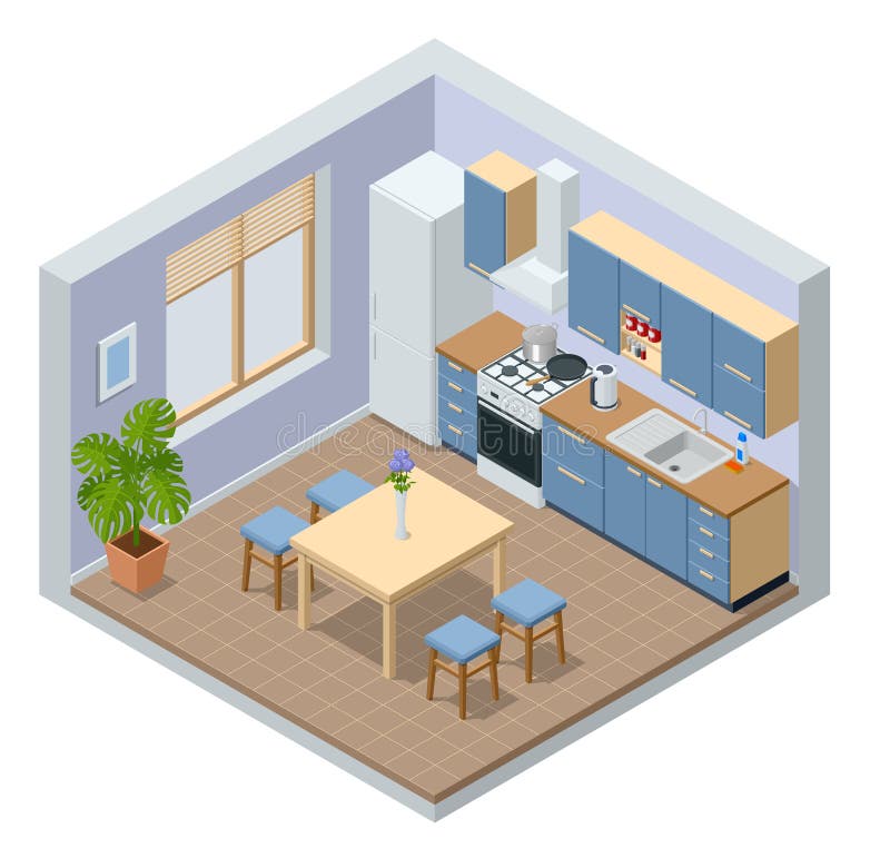 Isometric minimalist kitchen room interior with dinning furniture on a floor. Modern house interior with kitchen and