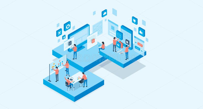 Isometric mobile application and web design development process concept royalty free illustration