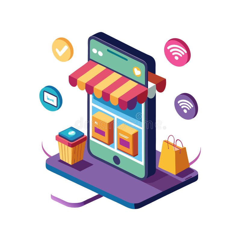 Isometric Mobile Online Shopping Illustration med shoppingfack och WiFi stock illustrationer