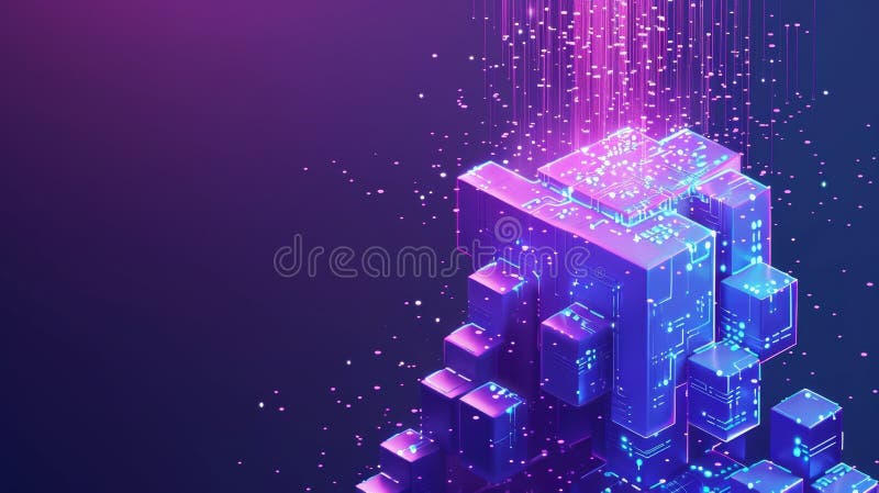Isometric modern illustration of a big data waterfall or cascade with streams of numbers in an ultraviolet vertical stock image