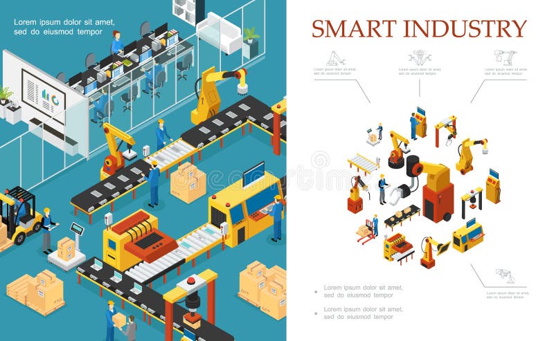 Isometric modern industrial production composition with automated assembly and packaging lines robotic arms engineers operators vector illustration. Operators vectors