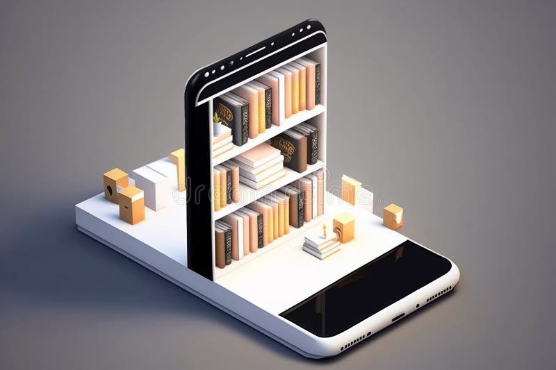 Isometric Modern White Online Bookstore or Library Concept, Ebooks App Stock Illustration