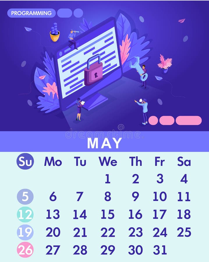 Isometric month May from set calendar of 2019. People work with a monitor, concept of protecting computer data for a web page stock illustration