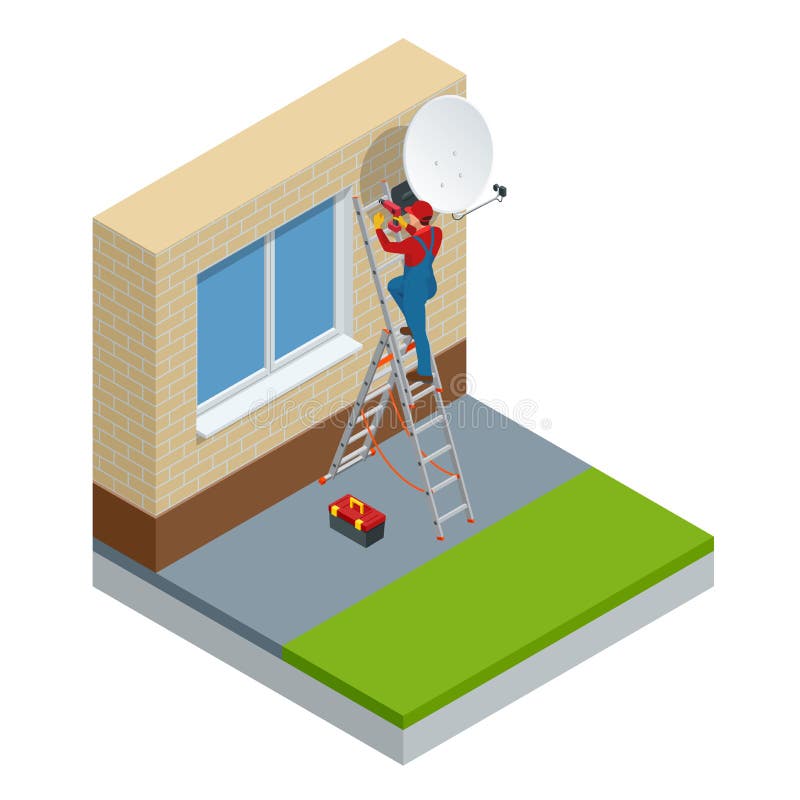Isometric męski technik w jednolitej instaluje TV antenie satelitarnej na ścianie Dostosowanie satelitarny talerz wektor ilustracji