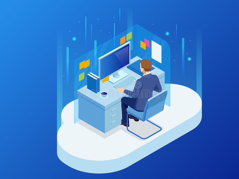 Isometric mężczyzna pracuje z obłoczną technologią, nowej technologii pojęcie Miejsce pracy, laboratorium, biurowy pokój wektor royalty ilustracja