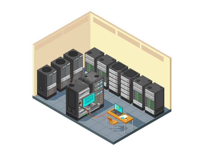 Isometric network server room with row of computer equipments vector illustration Isometric network server room with row of computer equipments vector illustration