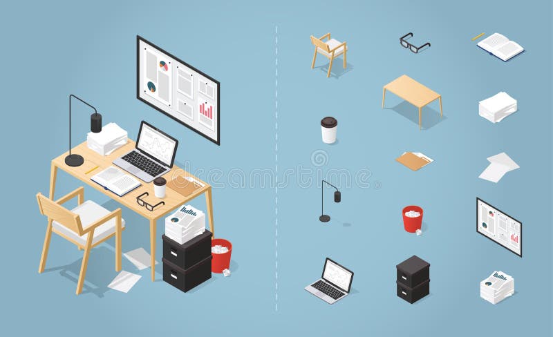 Isometric Office Desk Set royalty free illustration