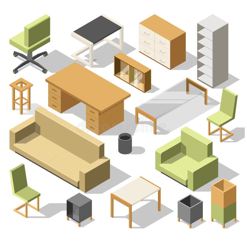 Isometric office furniture. 3d cabinet with table, chairs and armchair, sofa and shelves. Vector illustration set