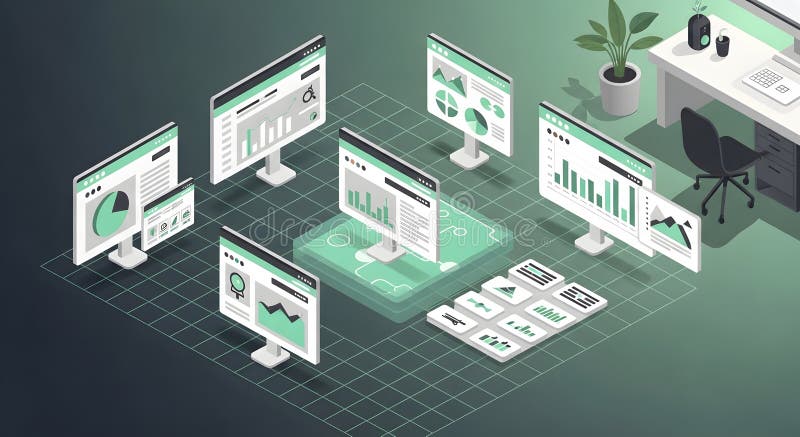 Isometric office scene with data analytics on computer screens and desk royalty free illustration