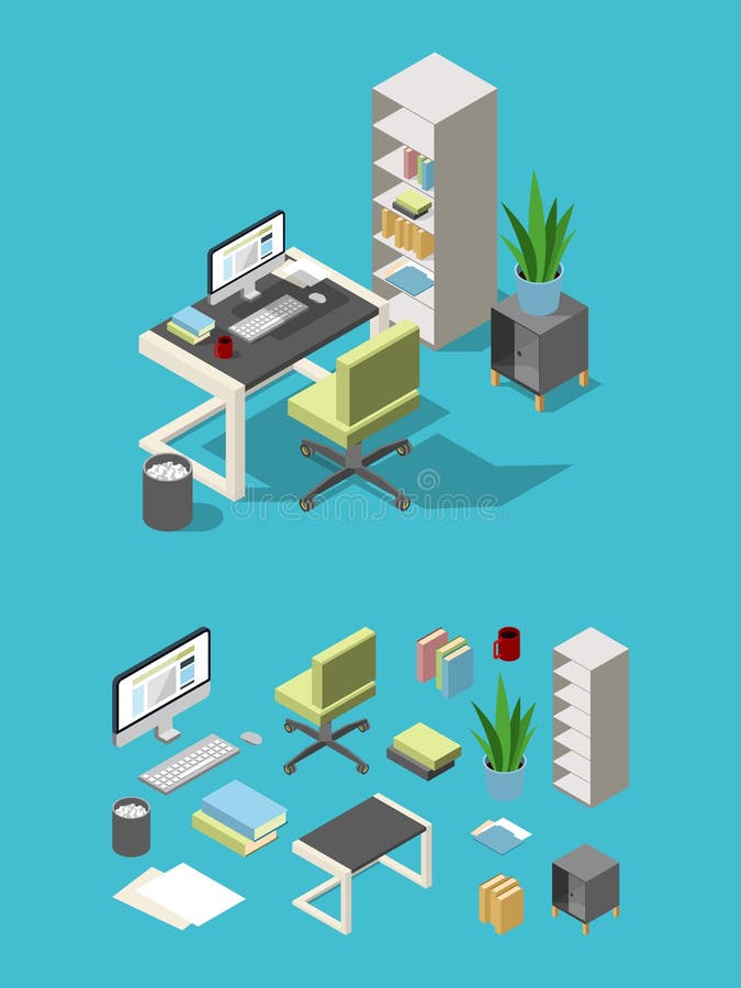 Isometric office workspace with different furniture and elements. Table, chair and computer, lamp and flowers