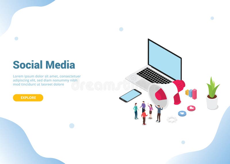 Isometric ogólnospołeczny medialny marketingowy pojęcie biznes dla strona internetowa szablonu sztandaru ląduje homepage - we ilustracji Isometric ogólnospołeczny medialny marketingowy pojęcie biznes dla strona internetowa szablonu sztandaru ląduje homepage - we ilustracji