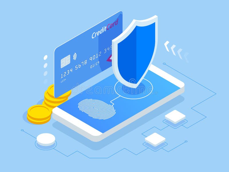 Isometric online payment protection system. Smartphone and credit card. Mobile data security. Secure bank transaction vector illustration
