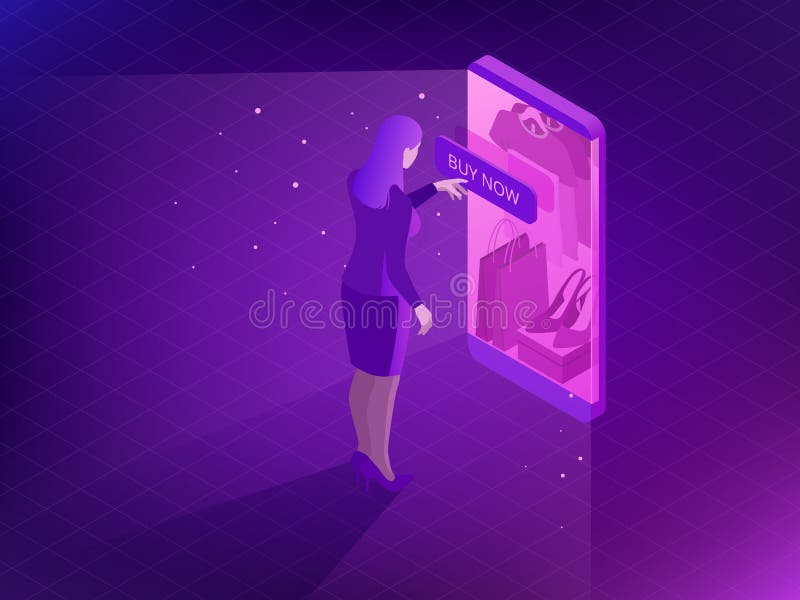 Isometric online shopping concept. Smart phone Shopping in online store. Internet shopping. Buy clothes shoes stock illustration Isometric online shopping concept. Smart phone Shopping in online store. Internet shopping. Buy clothes shoes stock illustration