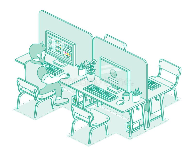 Isometric open space office isolated on white background. Outline, linear style. Man working on computer in modern office. vector illustration