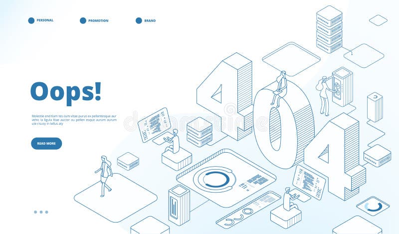404 isometric page. Not working error, lost data or not found 404 problem, disconnection sign. Landing page vector line stock illustration