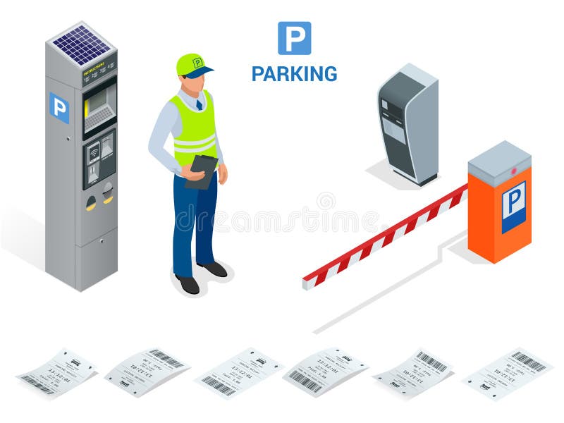 Isometric Parking Attendant. Parking ticket machines and barrier gate arm operators are installed at the entrance and exit of parking area as tools to charge parking fee. Operators vectors