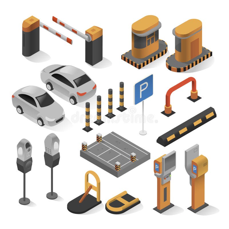 Isometric Parking Attendant. Parking ticket machines and barrier gate arm  operators are installed at the entrance and exit of parking area as tools  to charge parking fee. Stock Vector by ©Golden Sikorka