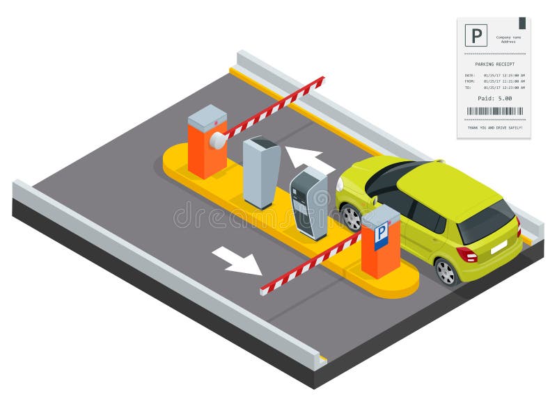 Isometric Parking payment station, access control concept. Parking ticket machines and barrier gate arm operators are installed at the entrance and exit of parking area as tools to charge parking fee. Operators vectors
