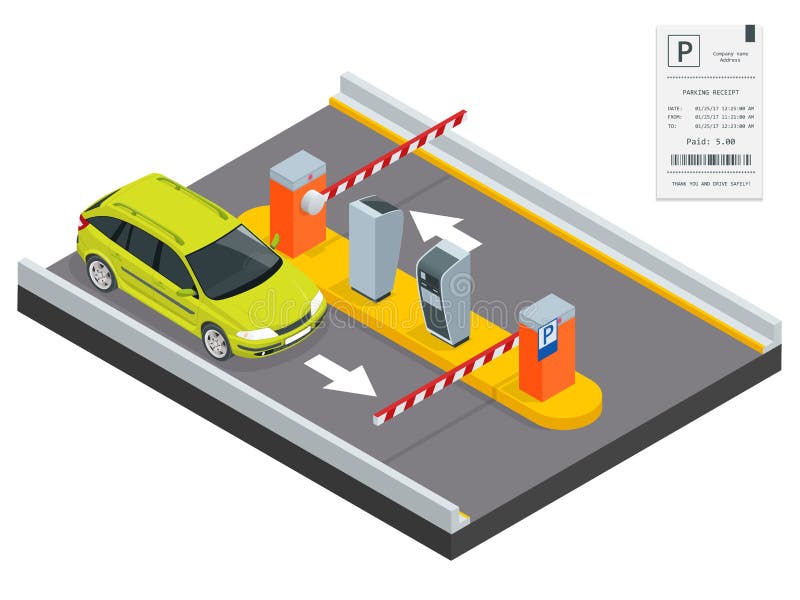 Isometric Parking payment station, access control concept. Parking ticket machines and barrier gate arm operators are installed at the entrance and exit of parking area as tools to charge parking fee. Operators vectors