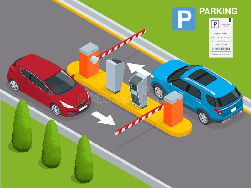 Isometric Parking payment station, access control concept. Parking ticket machines and barrier gate arm operators are installed at the entrance and exit of parking area as tools to charge parking fee. Operators vectors