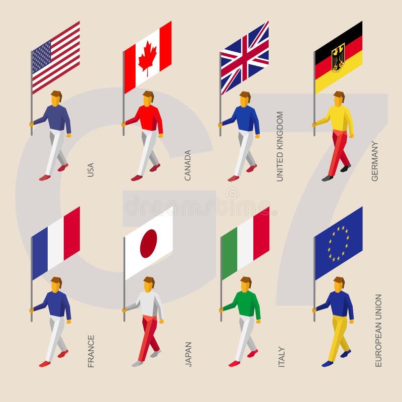 Isometric people with flags of Group of Seven G7 royalty free illustration Isometric people with flags of Group of Seven G7 royalty free illustration
