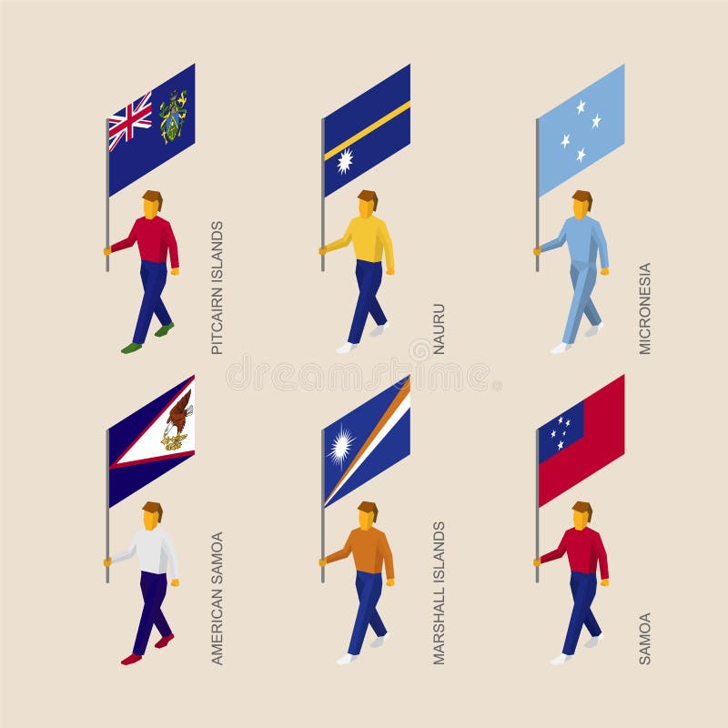 Isometric people with flags: Pitcairn, Nauru, Micronesia, Samoa, Marshall Islands.