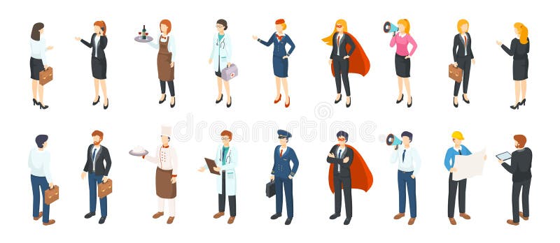 Isometric people professions. Men and women in different professional suits and uniforms, flat office characters. Vector vector illustration Isometric people professions. Men and women in different professional suits and uniforms, flat office characters. Vector vector illustration
