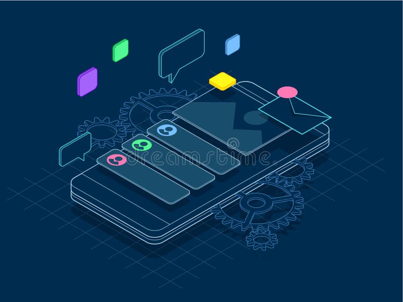 Isometric phone with gears, cogs and repair concept of line. Mobile services banner vector illustration. royalty free illustration