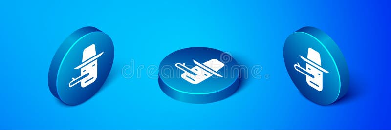 Isometric Pinocchio icon isolated on blue background. Blue circle button. Vector