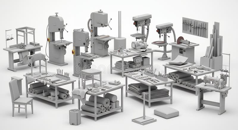 Isometric Array of Pixelated Workshop Tools: Woodworking Machinery and Equipment on White Background for Industrial vector illustration