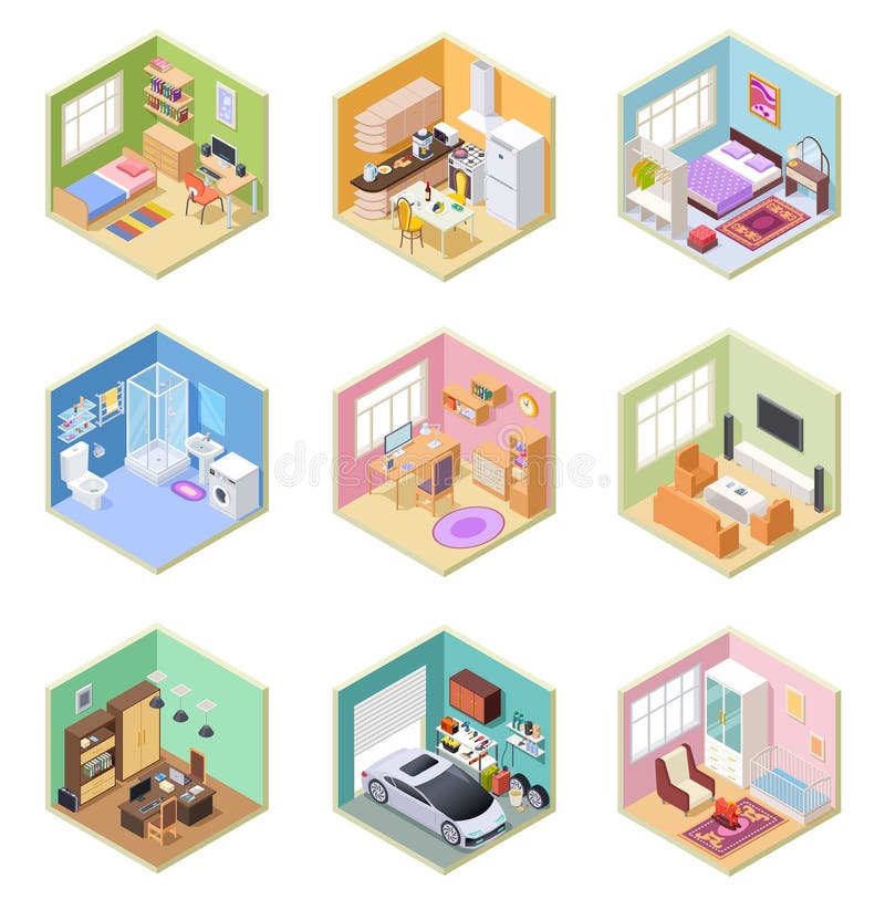 Isometric rooms. Designed house, living room kitchen bathroom bedroom toilet apartment interior with furniture 3d vector set. Kitchen isometric room, indoor bathroom, bedroom interior illustration. Isometric rooms. Designed house, living room kitchen bathroom bedroom toilet apartment interior with furniture 3d vector set. Kitchen isometric room, indoor bathroom, bedroom interior illustration