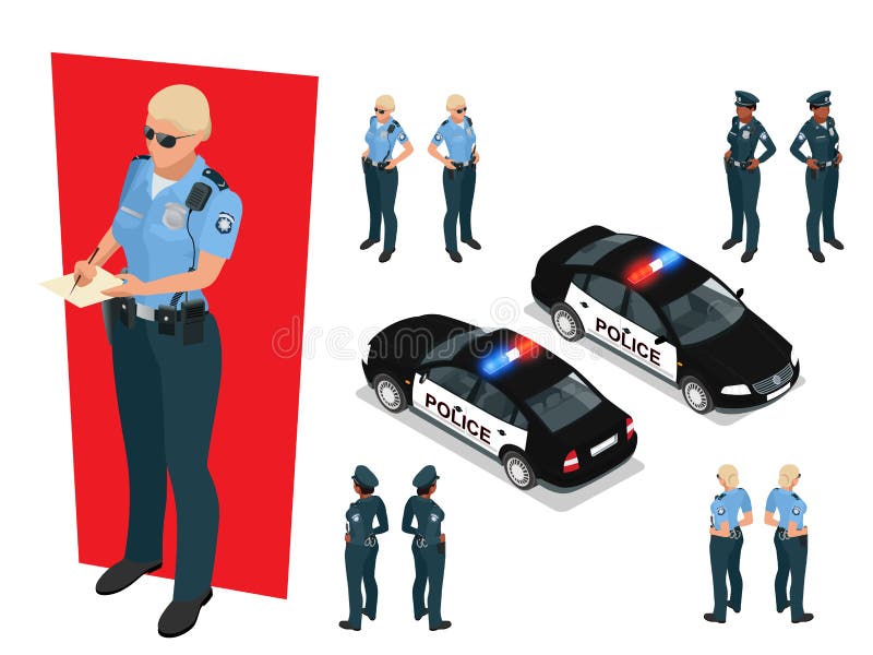 Isometric police-officer in uniform and police car. Vector illustration on white background. Police officer