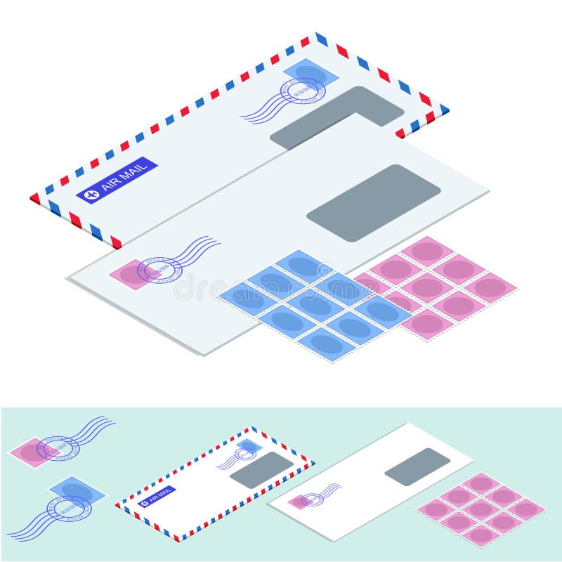 Isometric Postal Envelopes. Mail Envelope, Stickers, Stamps and