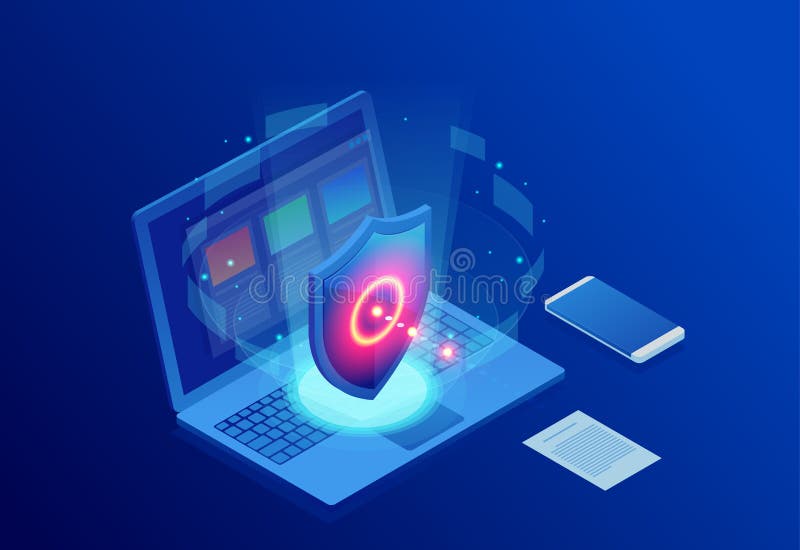 Isometric Protection network security and safe your data concept. Web page design templates Cybersecurity. Digital crime vector illustration