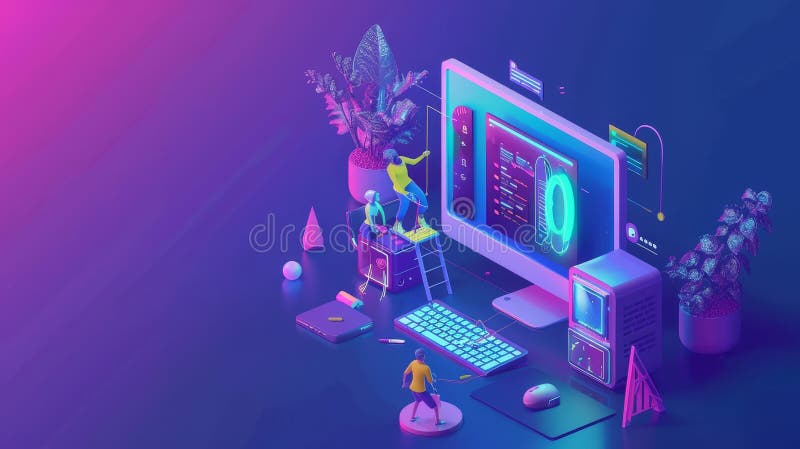 Isometric quality assurance landing page. Tiny characters doing quality assurance on huge computer. Software development royalty free stock photos