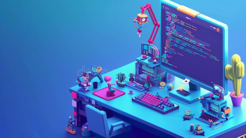 An isometric quality assurance landing page with tiny characters fix bugs on a huge computer. Quality assurance software royalty free stock photo