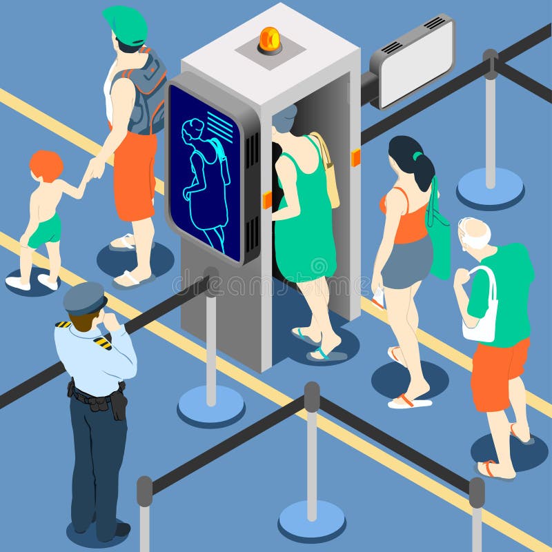 Isometric Queue at Security Checkpoint Machine vector illustration