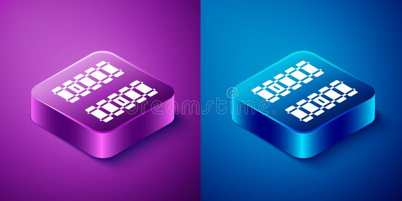 Isometric Railway, railroad track icon isolated on blue and purple background. Square button. Vector stock illustration
