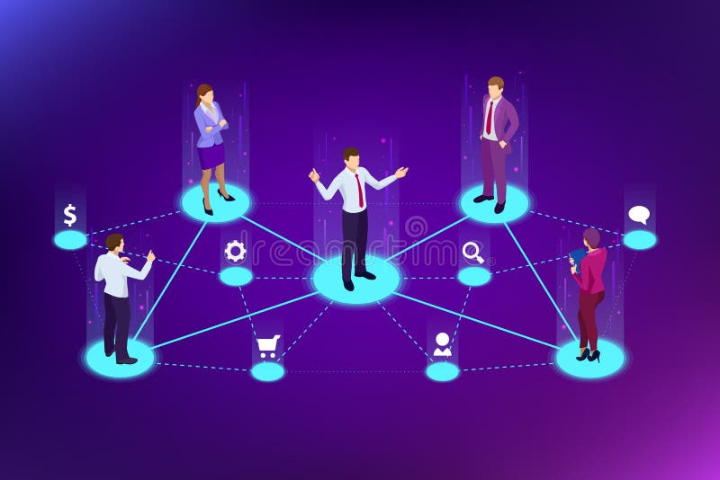 Isometric Referral marketing, network marketing, referral program strategy, referring friends, business partnership stock illustration