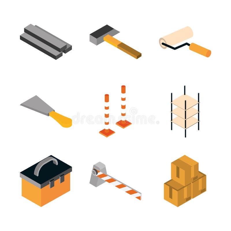 Isometric Repair Construction Work Tool And Equipment Hammer Trowel