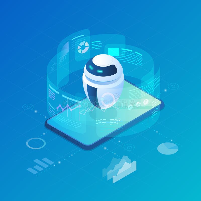 Isometric Robot Bot operating virtual HUD interface vector illustration. Artificial Intelligence, Automation Process Technology vector illustration Isometric Robot Bot operating virtual HUD interface vector illustration. Artificial Intelligence, Automation Process Technology vector illustration