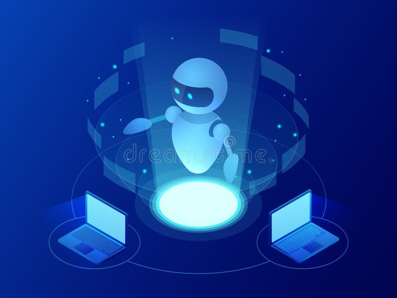 Isometric robot learning or solving problems concept. Artificial intelligence business vector illustration. Science vector illustration