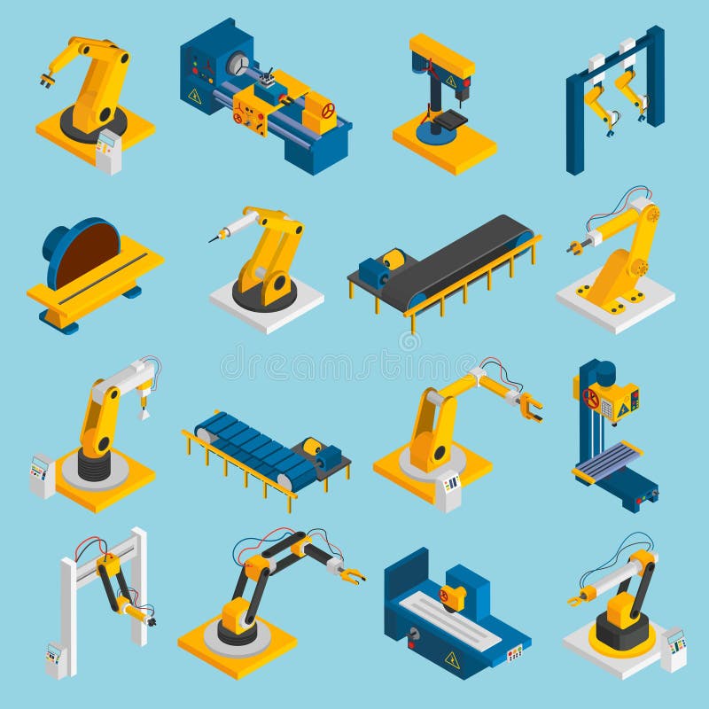 Isometric robot machinery remote mechanical operators 3d icons set isolated vector illustration. Operators vectors