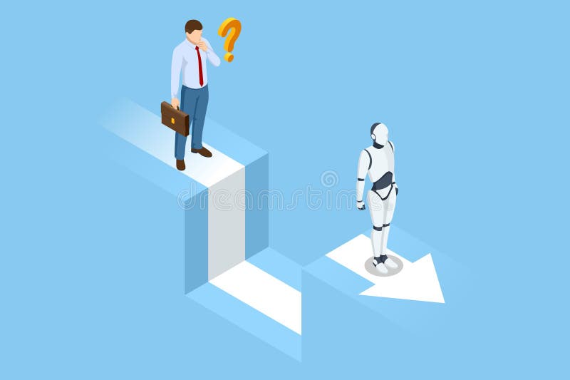 Isometric Robots excel at data processing and business analysis, surpassing humans in speed and accuracy. Creating stock illustration