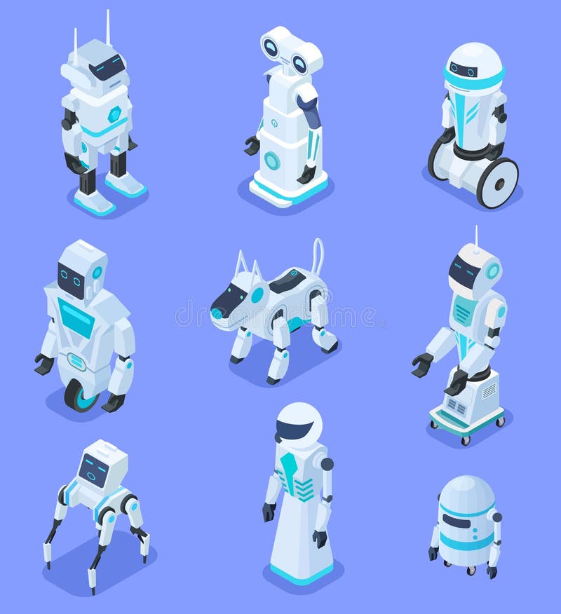Isometric robots. Isometric robotic home assistant security robot pet. Futuristic 3d robots with artificial intelligence vector illustration Isometric robots. Isometric robotic home assistant security robot pet. Futuristic 3d robots with artificial intelligence vector illustration